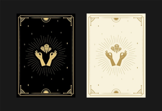 Vetor conjunto de cartas de tarô místicas símbolos alquímicos doodle gravura de estrelas raios e cristais de diamante