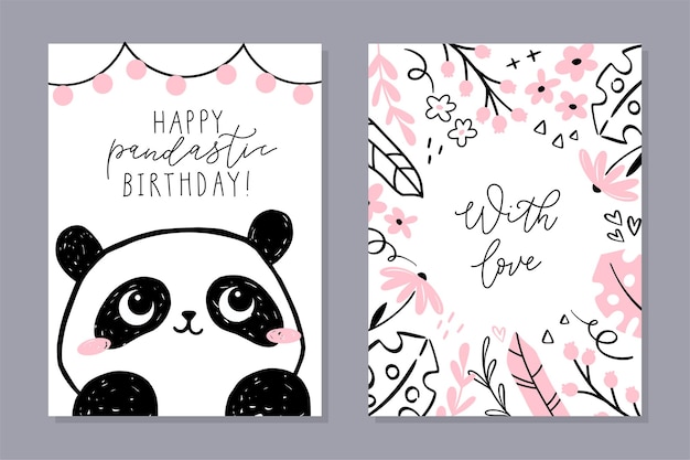 Conjunto de cartas do pequeno panda. personagem de panda bonito, quadro floral com frase escrita à mão.