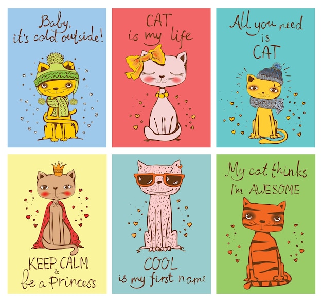 Conjunto de cartas ector com gatos bonitos e textos de gatos engraçados desenhados à mão.