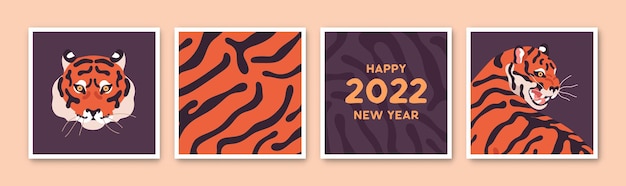 Conjunto de cartas quadradas para o ano novo chinês de 2022. desenhos de cartão postal oriental com tigre de bengala asiático do zodíaco oriental e padrão listrado. ilustrações coloridas planas com animais selvagens do horóscopo.