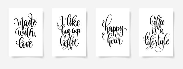 Conjunto de cartaz de letras de quatro mãos sobre beber café