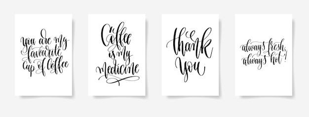 Conjunto de cartaz de letras de quatro mãos sobre beber café