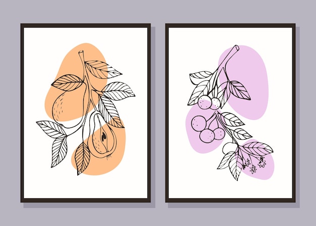 Conjunto de cartazes com frutas desenhadas à mão