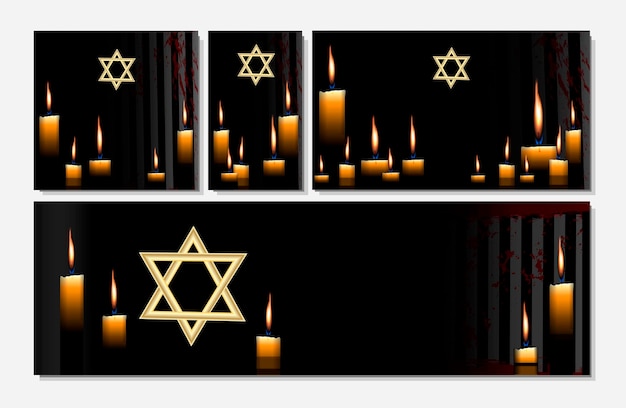 Conjunto de cartazes com velas e estrela de davi em fundo preto