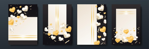 Conjunto de cartazes de conceito de dia dos namorados. ilustração vetorial. corações de papel 3d ouro e preto com moldura em fundo geométrico. banners de venda de amor bonito ou cartões