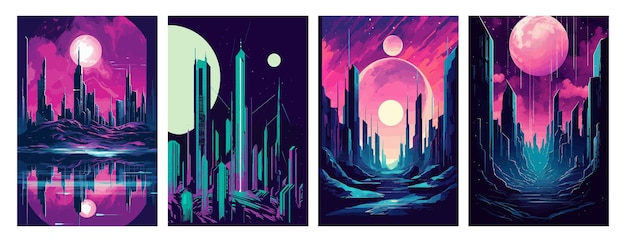 Conjunto de cartazes de ilustração da cidade em estilo futurista para um cartão de felicitações