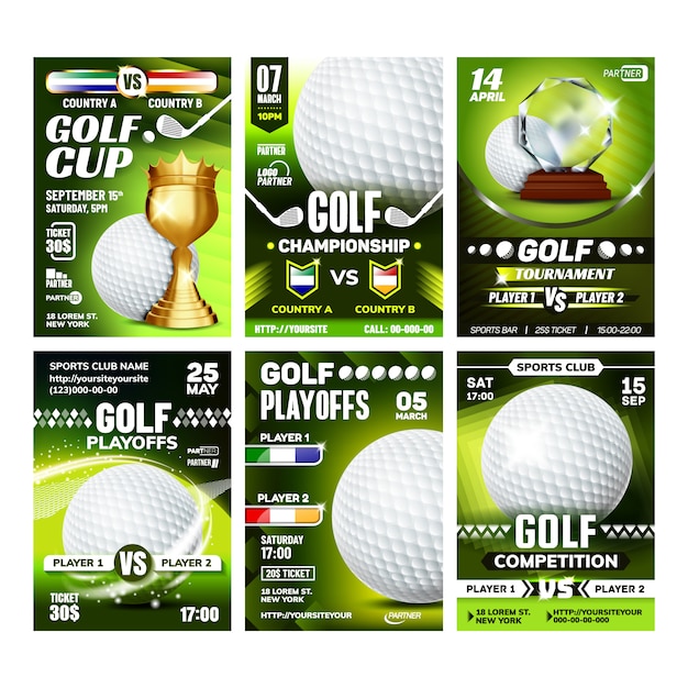 Vetor conjunto de cartazes de jogos de campo de campo de golfe clube