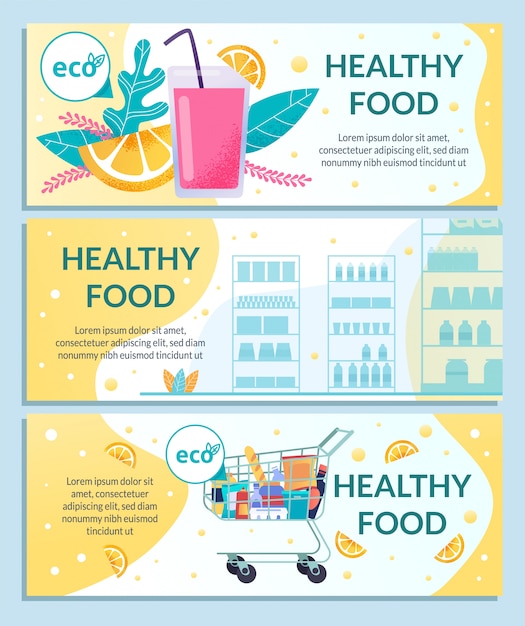 Conjunto de cartazes de publicidade plana vector alimentos saudáveis