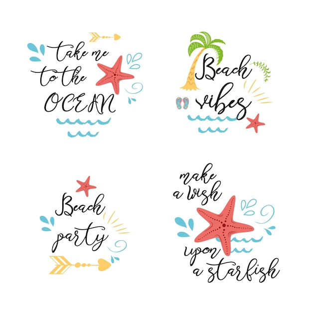 Conjunto de cartazes do mar de férias de verão imprime banners cartões citações inspiradoras estrela do mar ondas do mar
