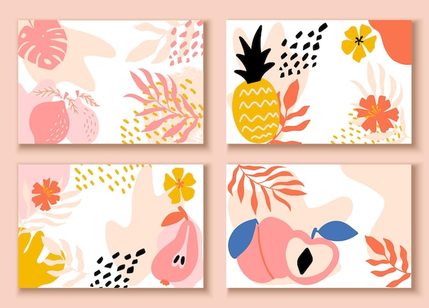 Conjunto de cartazes horizontais com folhas e flores de formas abstratas de frutas tropicais