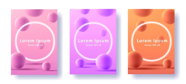 Conjunto de cartazes para promoção de produtos com círculo de néon e esferas 3d