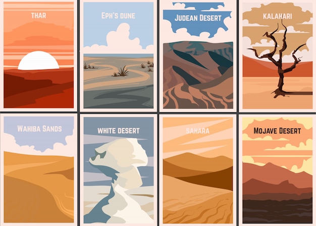 Vetor conjunto de cartazes retrô famosos desertos do mundo.
