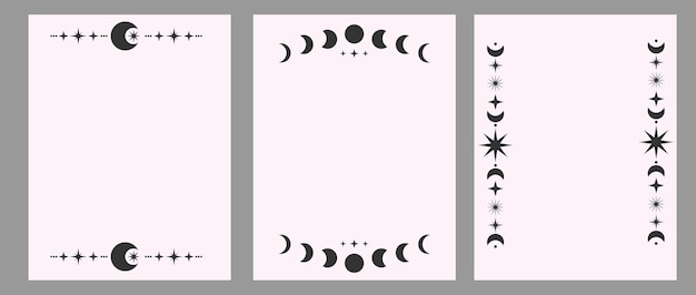 Conjunto de cartazes verticais de magia mística linha da lua crescente de luas negras e estrelas divisoras de fundo com ornamento de astrologia