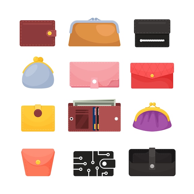 Conjunto de carteiras de ícones, diferentes bolsas masculinas e acessórios femininos para dinheiro, fechadas e abertas com contas