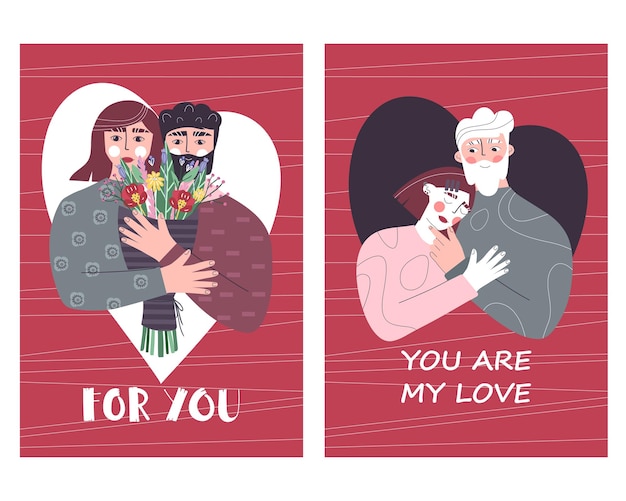 Conjunto de cartões com casais apaixonados.