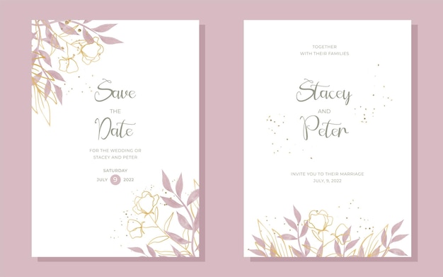 Conjunto de cartões com folhas florais aquarela convite de design de casamento fundo decorativo vetorial
