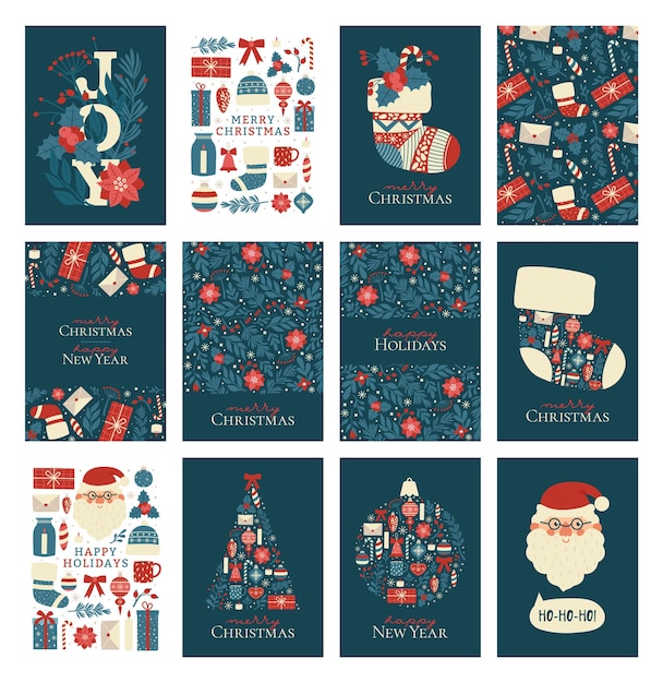 Conjunto de cartões criativos de natal e ano novo. vector cliparts de férias de inverno em estilo simples.