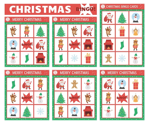 Conjunto de cartões de bingo de natal vetorial divertido jogo de tabuleiro de loteria familiar com boneco de neve bonito da árvore de natal do papai noel para crianças atividade de loteria de festa de inverno de férias planilha educacional imprimível simplesxa