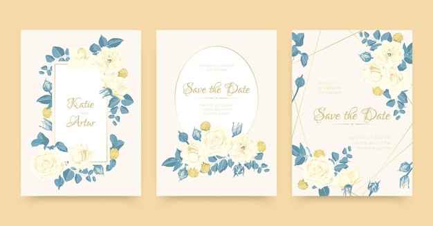Conjunto de cartões de casamento com rosas e folhagens