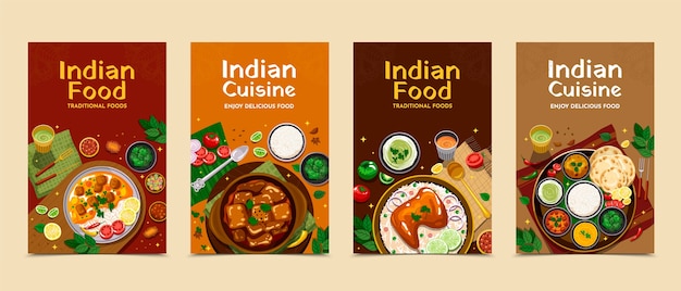 Conjunto de cartões de comida indianos desenhados à mão