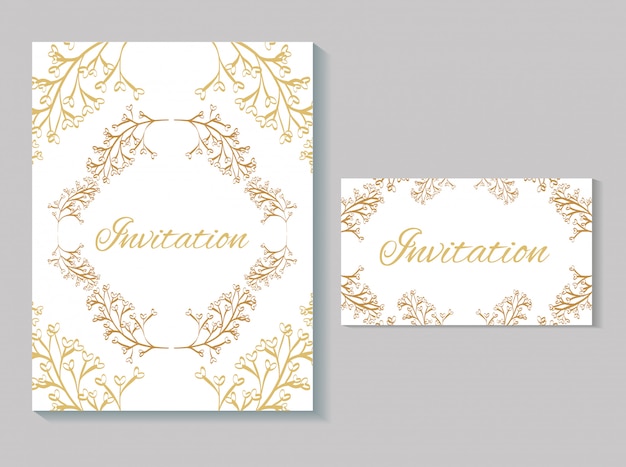 Conjunto de cartões de convite com caligrafia de folhas douradas