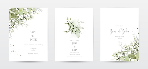 Conjunto de cartões de convite com manchas botânicas e aquarelas
