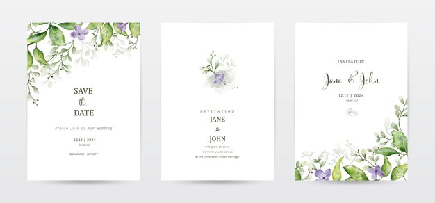 Vetor conjunto de cartões de convite com manchas botânicas e aquarelas