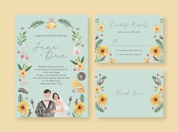 Conjunto de cartões de convite de casamento de casal doodle desenhado à mão