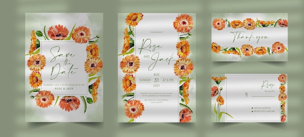 Conjunto de cartões de convite de casamento em aguarela desenhado à mão