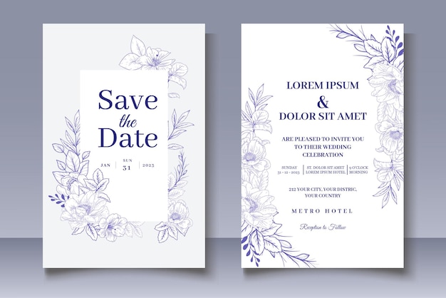 Conjunto de cartões de convite de casamento floral desenhado à mão vintage