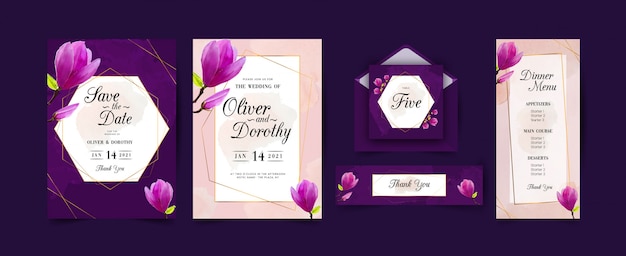 Conjunto de cartões de convite de casamento floral em aquarela