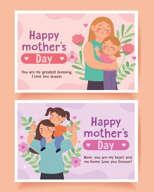 Conjunto de cartões de dia das mães com flores cor-de-rosa e lila
