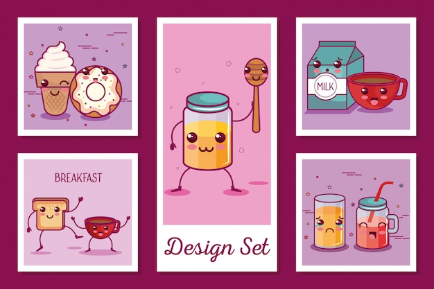 conjunto de cartões de estilo kawaii de ícones de café da manhã