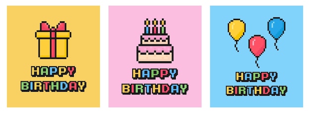 Conjunto de cartões de feliz aniversário, cartão postal pixel art, anos 80,  90, estilo antigo, jogo de arcade, bolo de presente, nostalgia