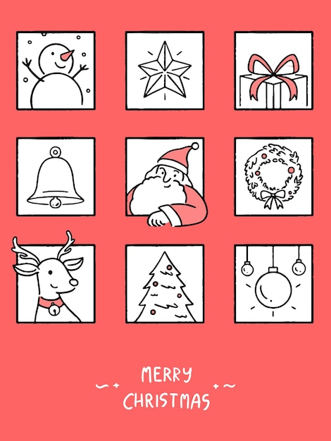 Vetor conjunto de cartões de feliz natal, conceito de férias, ilustração do estilo de arte de linha desenhada à mão.