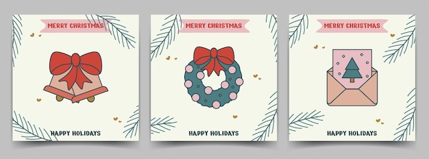 Conjunto de cartões de férias Modelos de feliz Natal com ilustração em vetor de cartão de saudação de elementos