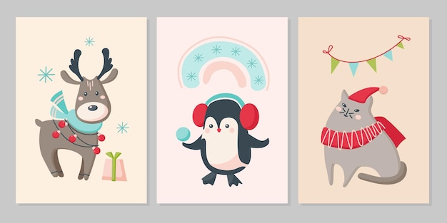Vetor conjunto de cartões de natal com animais fofos. renas de personagens, pinguim, gato com flocos de neve, arco-íris, banner. ilustração em vetor plana. design para cartão de felicitações, panfleto, banner, mídia social