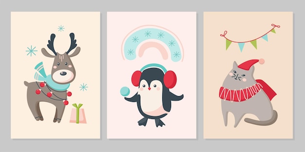 Conjunto de cartões de natal com animais fofos. renas de personagens, pinguim, gato com flocos de neve, arco-íris, banner. ilustração em vetor plana. design para cartão de felicitações, panfleto, banner, mídia social