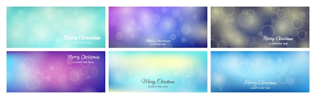 Conjunto de cartões de Natal com um fundo azul de efeito de luz bokeh desfocado com luzes de desfoque circulares e a inscrição Feliz Natal e feliz ano novo ilustração vetorial