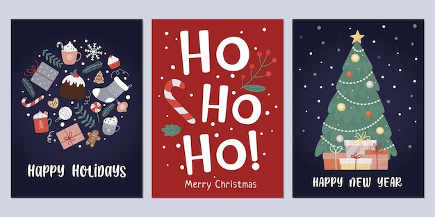 Conjunto de cartões de natal e ano novo com árvore, caixa de presente, folhas, pirulito, bugiganga, bagas, biscoito de gengibre ideal para férias de inverno. ilustração vetorial