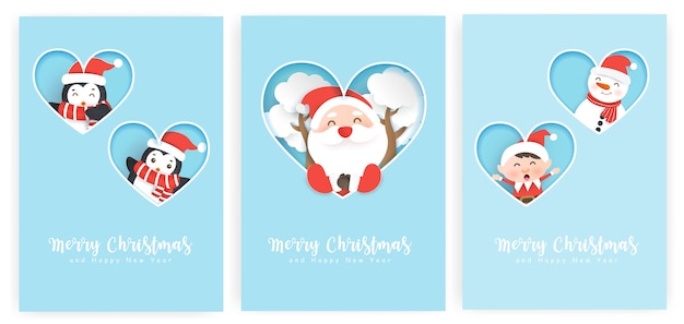 Conjunto de cartões de natal e cartões de ano novo com um lindo papai noel e amigos.