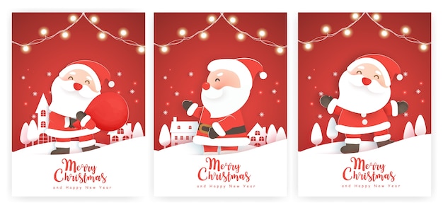 Conjunto de cartões de natal e cartões de ano novo com um lindo papai noel na aldeia de neve.