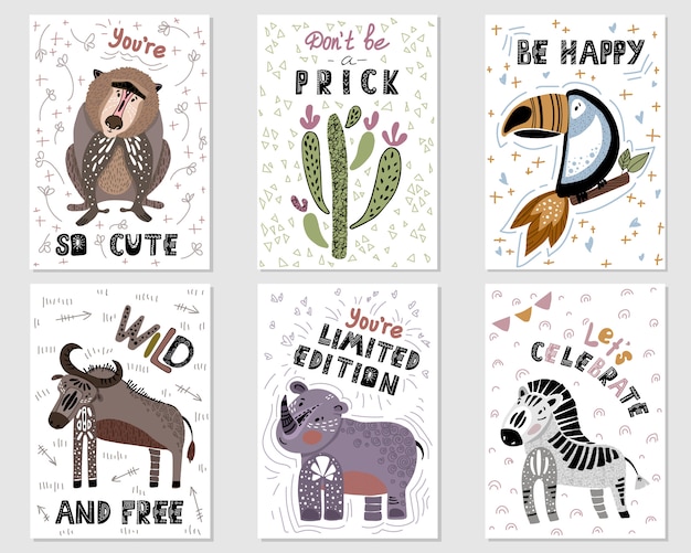Conjunto de cartões de premade vector com animais africanos dos desenhos animados