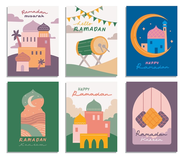 Vetor conjunto de cartões de ramadan em estilo plano ilustração celebração de eid al fitr
