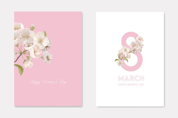 Conjunto de cartões do dia 8 de março da mulher feliz com ramo de cereja e número oito. molde decorativo decorativo das flores de sakura branco. cartaz floral panfleto folheto ilustração vetorial plana de desenho animado