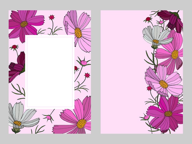 Conjunto de cartões florais elementos botânicos do cosmos em um fundo rosa tamanho 23 flores em tinta