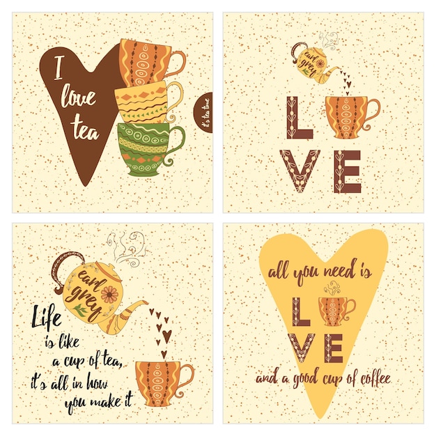 Conjunto de cartões inspiradores com chá colorido ou bule de xícaras de café e citação de vida positiva