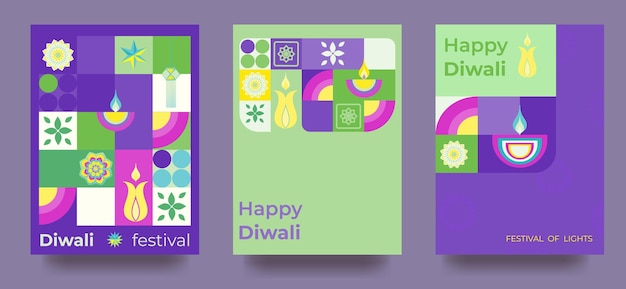 Conjunto de cartões para a celebração de diwali poster geométrico colorido em estilo minimalista