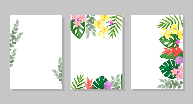 Conjunto de cartões postais de quadros de fundos de composições de flores tropicais