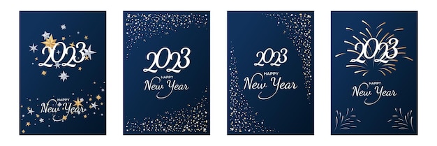 Conjunto de cartões surpresa de feliz ano novo com estrelas douradas e prateadas, fogos de artifício e confetes em azul escuro